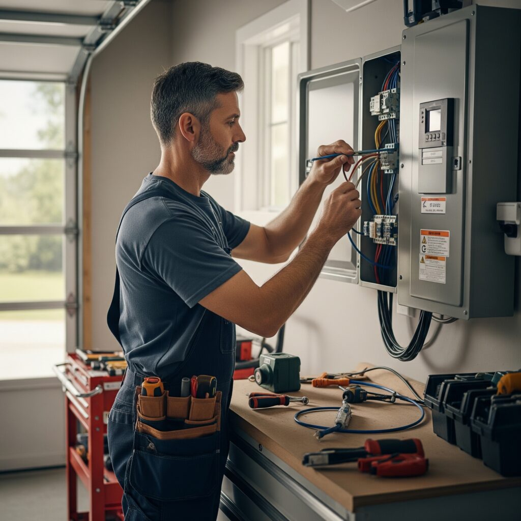 Licensed electrician working on modern electrical panel or breaker box