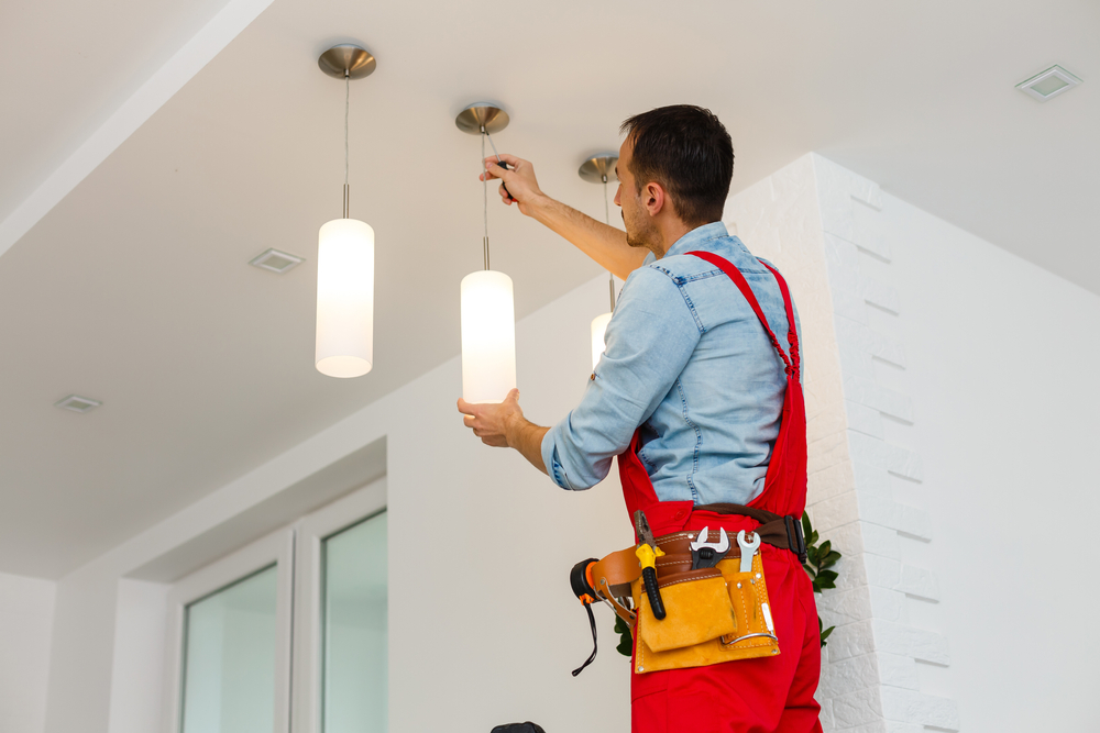 Electrician,Man,Worker,Installing,Ceiling,Lamp