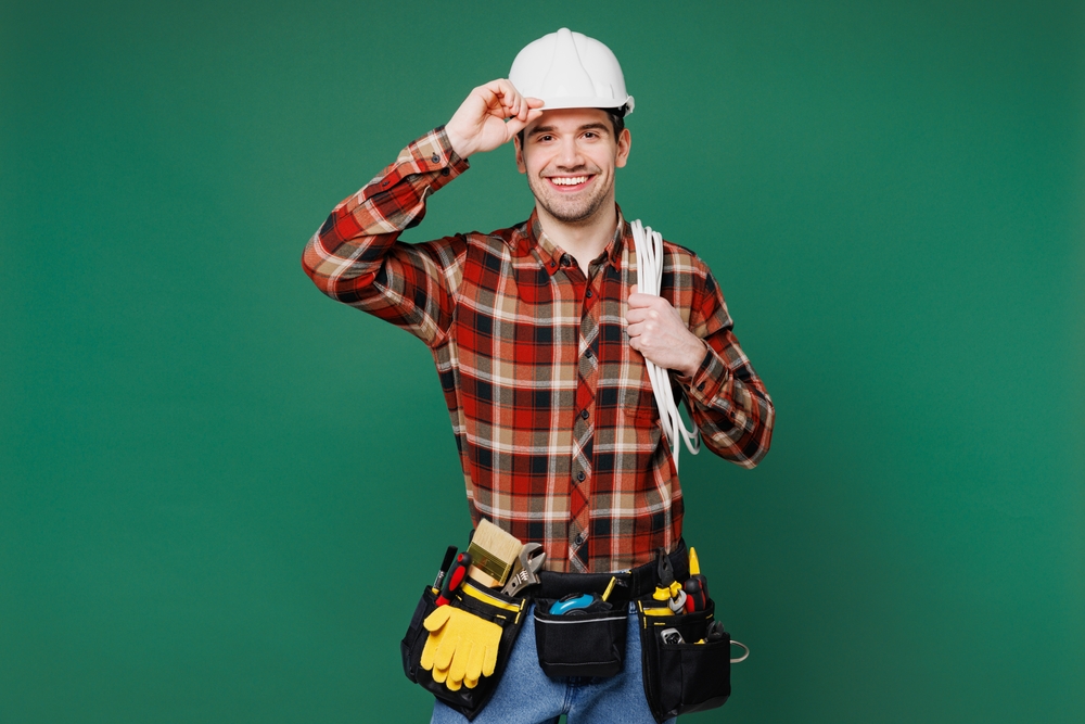 Young,Laborer,Electrician,Man,Wear,Red,Shirt,Hardhat,Hat,Work