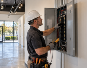 Electrician inspecting an open electrical panel inside a vacant retail space.