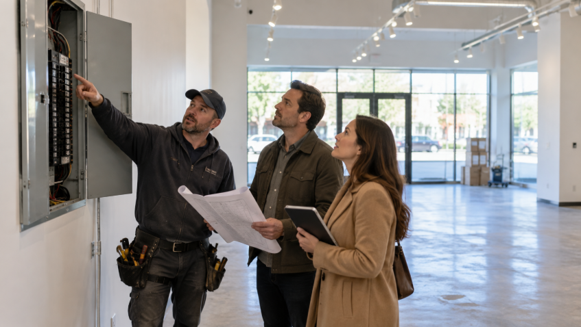 Electrician reviewing a retail space electrical panel with prospective tenants during a pre-lease walkthrough.