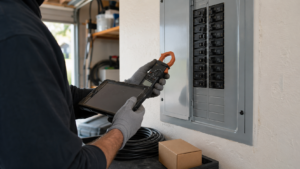Electrician evaluating a residential electrical panel for an additional appliance circuit.