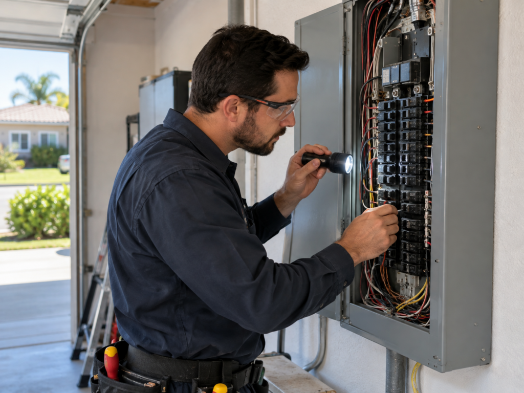 electrician inspecting electrical panel in citrus heights home