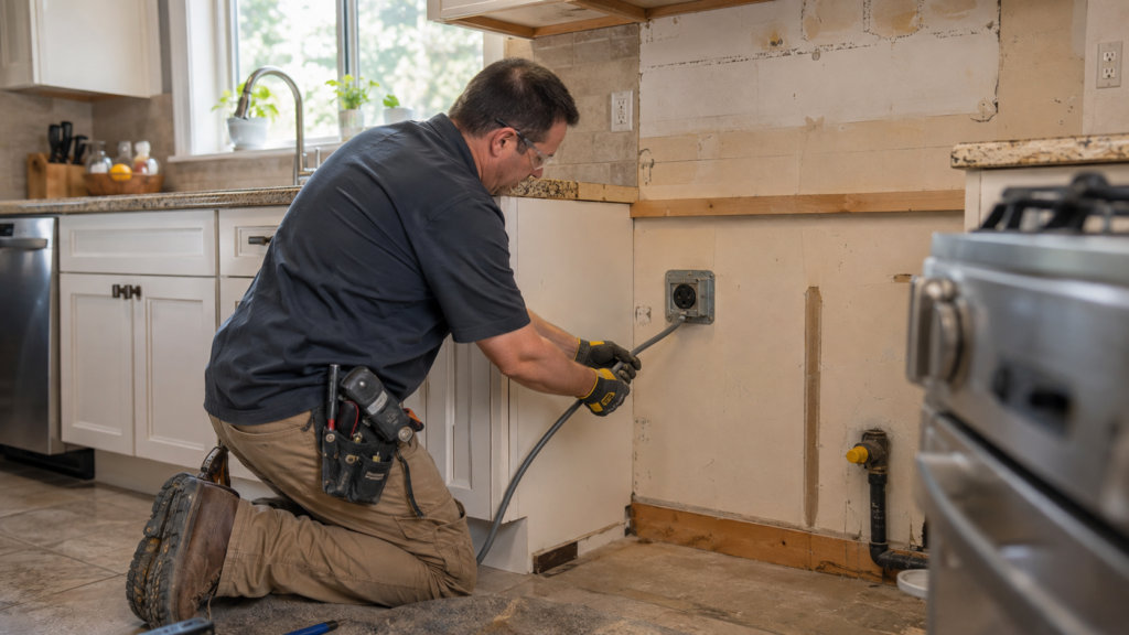 Electrician installing a 240-volt connection behind a kitchen range.