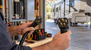 Electrician comparing two RV power plugs inside a residential workshop.
