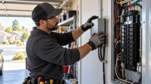 Electrician installing a surge protection device beside a home’s electrical panel