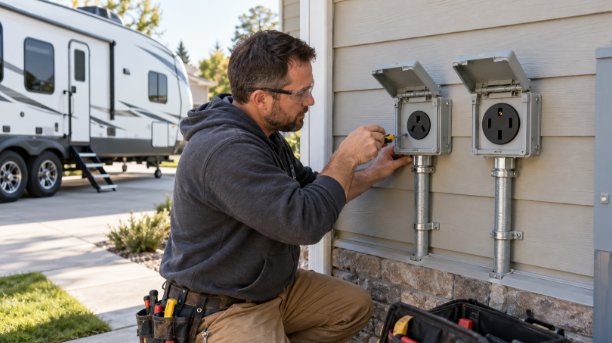 Electrician installing separate 30-amp and 50-amp RV outlets beside a travel trailer