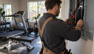 Electrician testing an electrical panel beside a residential home gym