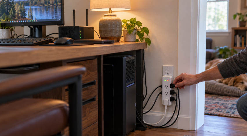Hand plugging a surge protector into a wall outlet in a home office