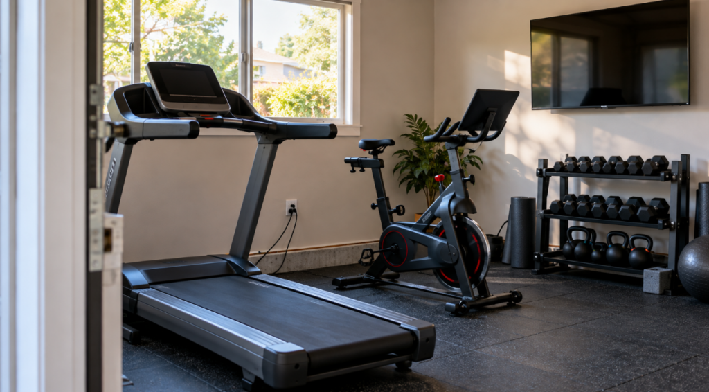 Sunlit home gym with a treadmill, exercise bike, weights, and nearby electrical outlet